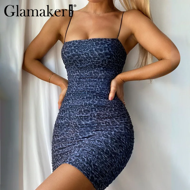 Glamaker Leopard backless spausdinti plisuotos moterų sexy sundress Vasarą, pavasarį rankovių mados elegantiškas šalis klubo suknelė 2021 naujas