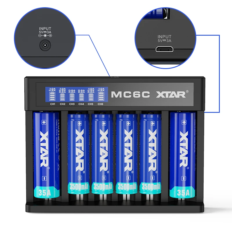 XTAR MC6C Baterijos Kroviklis Smart LCD Kroviklis 5V 3A USB Kabelis DC Įvesties TC CC CV Baterija 3.6 V, 3,7 V Li-Ion 18650 Baterija, Įkroviklis