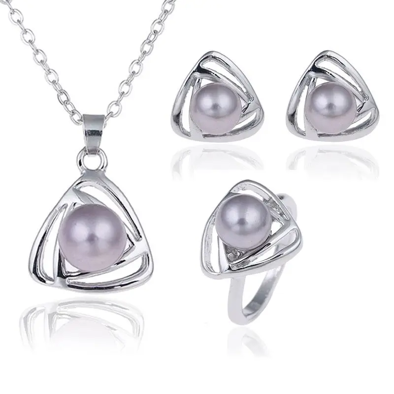 Fine jewelry s925 sterlingas sidabro spalvos tinka ponios vestuvių perlų rinkinys, trikampis pilkos spalvos karoliai, auskarai, žiedas nustatyti yw018