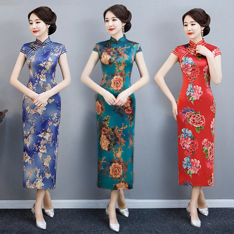 Mados Tradicinę Kinų Mandarinų Apykaklės Cheongsam Rankų darbo Mygtuką Naujovė Suknelė Ilgai QiPao trumpomis Rankovėmis Slim Suknelė M-4XL
