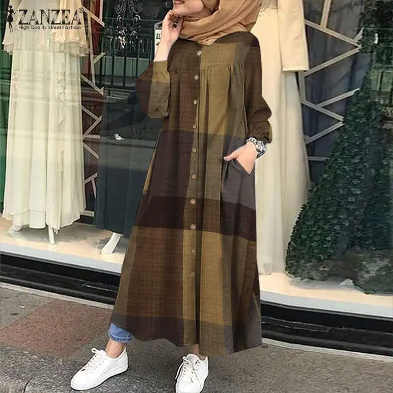 ZANZEA 2021 Moterų Rudenį Sundress Kaftan Mygtuką Maxi Vestidos Atsitiktinis Musulmonų Abaja Suknelės Moterų Patikrinkite Shirt Dress Plius Dydis