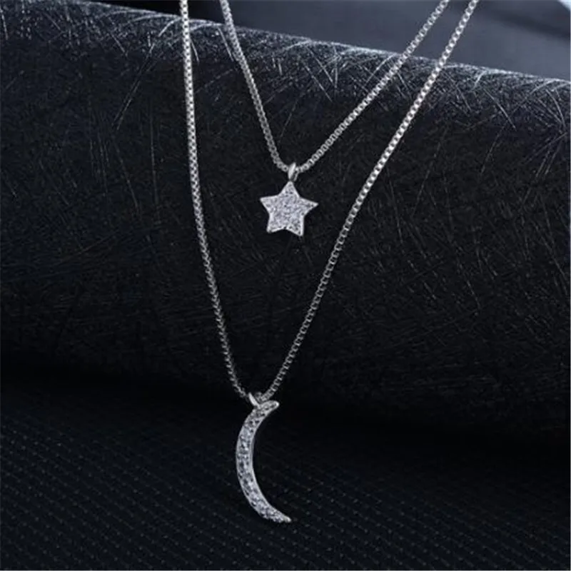 Korėjos 925 Sterling Silver Moon Star Karoliai&pakabučiai Sidabro Grandinės Choker Kaklo Papuošalai Apykaklės Colar Nemokamas Pristatymas