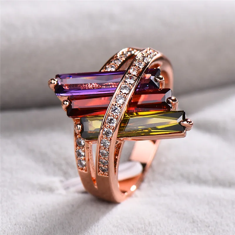 Boho Moterų Violetinė Raudona Alyvuogių Žalia Žiedas Mielas Rose Gold Crystal Rainbow Cirkonis Akmuo Žiedas Žada Sužadėtuvių Žiedai Moterims