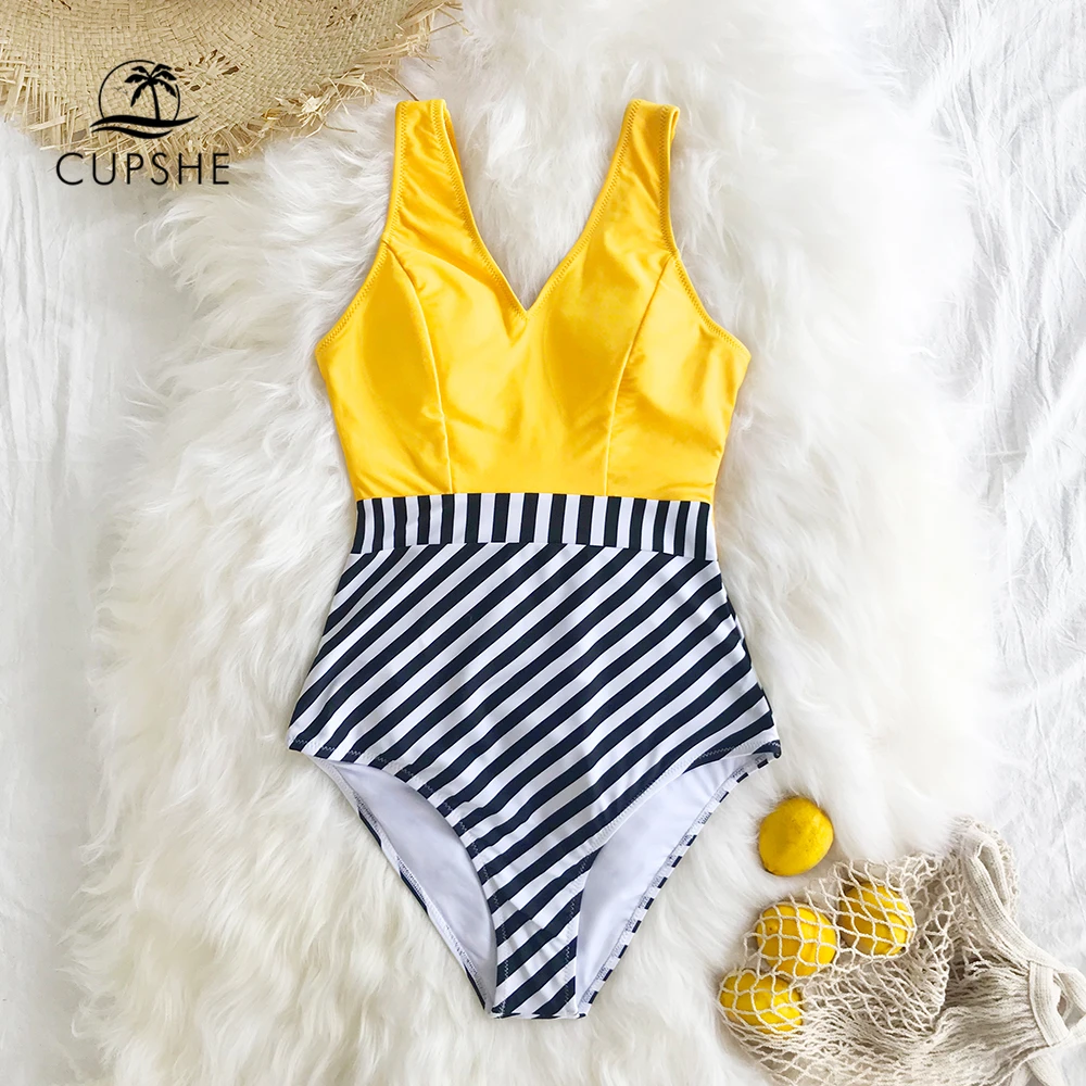 CUPSHE Geltonos ir Dryžuotos Kratinys vientisas maudymosi kostiumas Seksualus V-kaklo Moterų Monokini 2021 Merginų Paplūdimio Maudymosi Kostiumai, maudymosi Kostiumėliai,