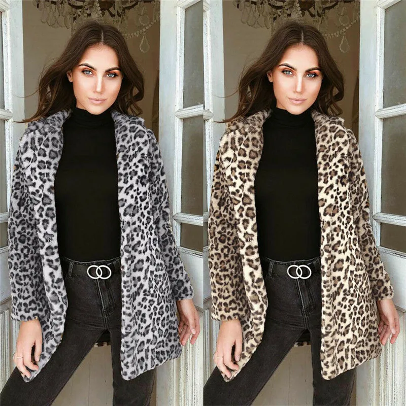 HIRIGIN 2019 Žiemos Paltai Moterims Dirbtiniais Kailiais Striukė Outwear Šiltu Vilnos Kailis Gyvūnų Spausdinti Streetwear Moterų Leopard Cardigan Outwears
