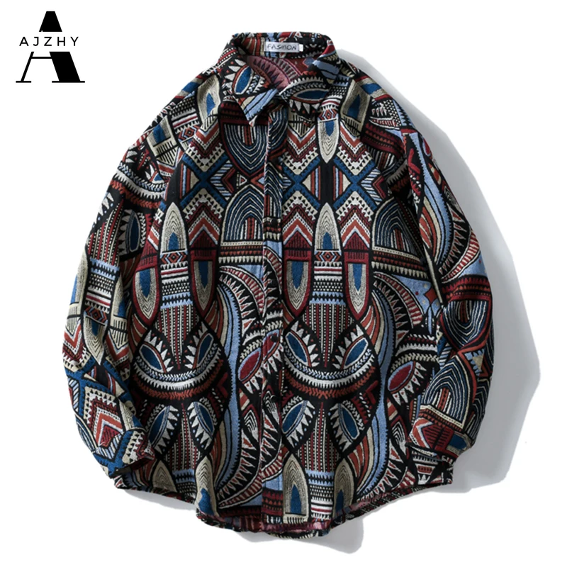 AJZHY vyriški Marškiniai Storio Nacionalinės Stiliaus Megzti Geometrinis Mygtuką Marškinėliai Rudens Žiemos Harajuku Atsitiktinis ilgomis Rankovėmis Streetwear 2020 m.