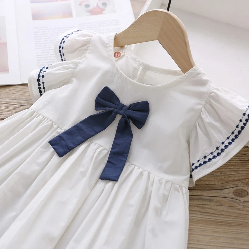 Vasaros Baby Girl Dress Atsitiktinis Mados Mergaitė Trumpas Rankovės Bowknot Princesė Dress Vaikų Drabužių Mėlyna Wite Suknelė