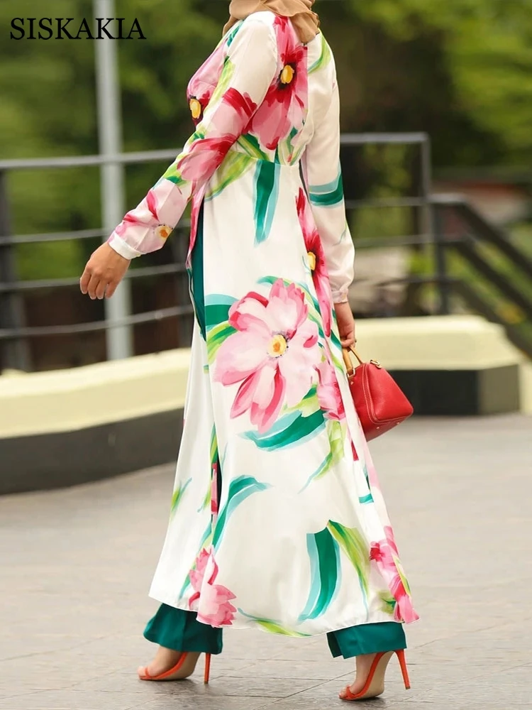 Mados Musulmonų, 2 vnt. Rinkinys Moterims Rudenį 2020 M. Naujas Gėlių V-Kaklo, ilgomis Rankovėmis Padalinta Maxi Suknelė ir Ilgas Kelnes Indonezijos, Malajų