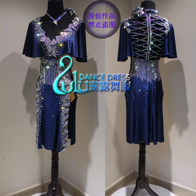 Lotynų šokių suknelė moterų, mergaičių, vėliau stiliaus Seksualus lotynų šokių aprangos lotynų šokių suknelė Tamsiai Mėlyna lotynų šokių suknelė
