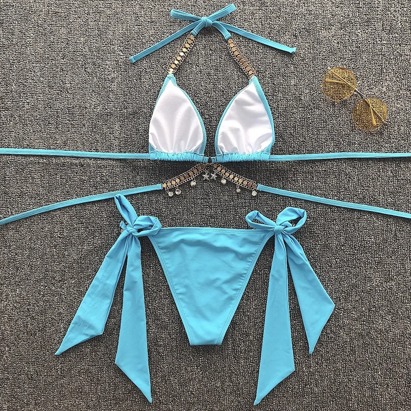 2021 Apynasrio Krištolo ir Deimantų Bikini Moterims maudymosi kostiumėlį Moterų maudymosi Kostiumėliai, Dviejų dalių, Bikini nustatyti Metalinės Grandinės Tvarstis String Maudymosi Kostiumas