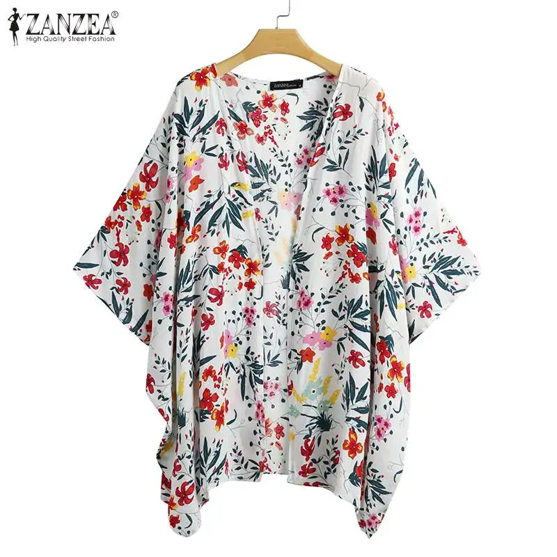 Bohemijos Gėlių Spausdinti Cardigan ZANZEA Vasarą Moterys Kimono 3/4 Rankovėmis Palaidinė Laisvi Marškinėliai Viršų Paplūdimio Cover-up Atsitiktinis Blusas