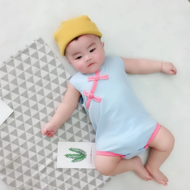 2019 Cheongsam Stilius Kūdikiams Rankovių Medvilnės Merginos Romper Mada Kūdikiams Jumpsuits Vasaros Vaikų Drabužių Rinkinys, 2 Spalvų