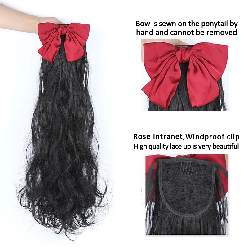 DIANQI sintetinių juodas lankas ilgi banguoti plaukai surišti į uodegą hairpiece plaukų įrašą plaukai surišti į uodegą plėtinius wome hairn