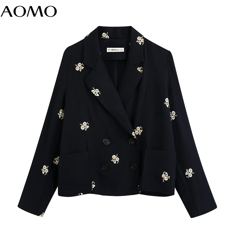 AOMO moterų siuvinėjimo gėlių švarkas moteriška ilgomis rankovėmis elegantiška striukė ponios juodas švarkas oficialius kostiumus BE681A