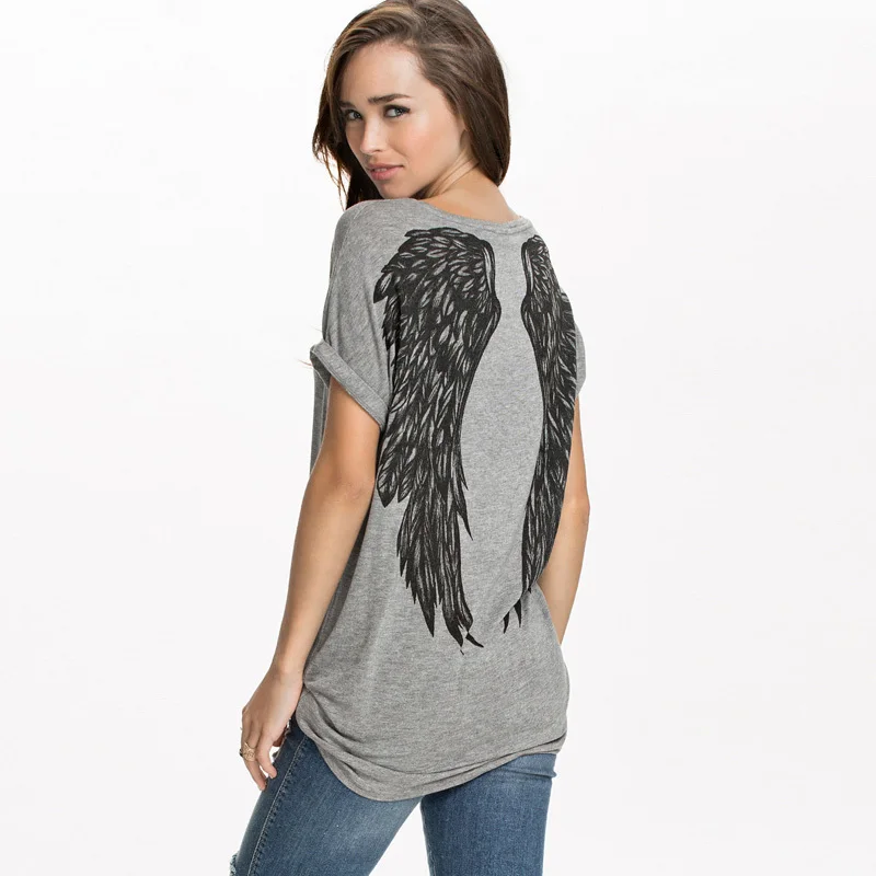 Nauja vasaros stiliaus marškinėliai moterims atgal angelas sparnų spausdinimo trumpas rankovės prarasti plius dydis marškinėliai moterims mados viršūnes tees G1231