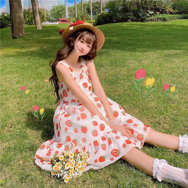 Japonijos saldus mergina JSK Lolita Rankovių kawaii girl vasaros stilius mielas braškių spausdinami aukštos juosmens šifono suknelė mielas