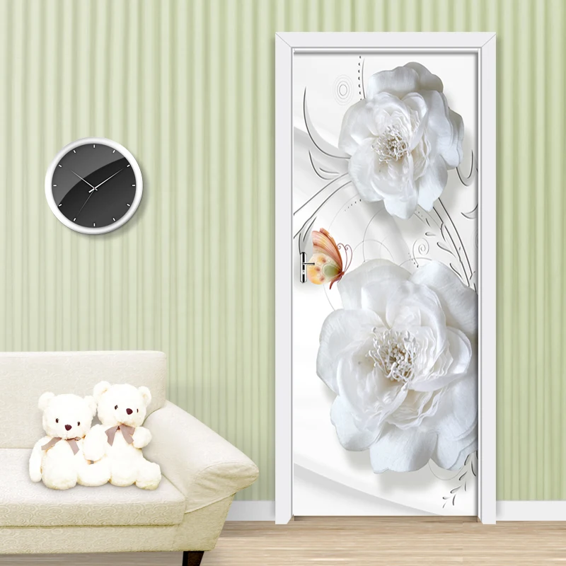 Durų Lipdukai 3D Iškilumo Baltos Gėlės Kambarį Miegamojo Durų Apmušalai PVC Lipni Sienos Lipdukai Imitacija, Sienų Lipdukai