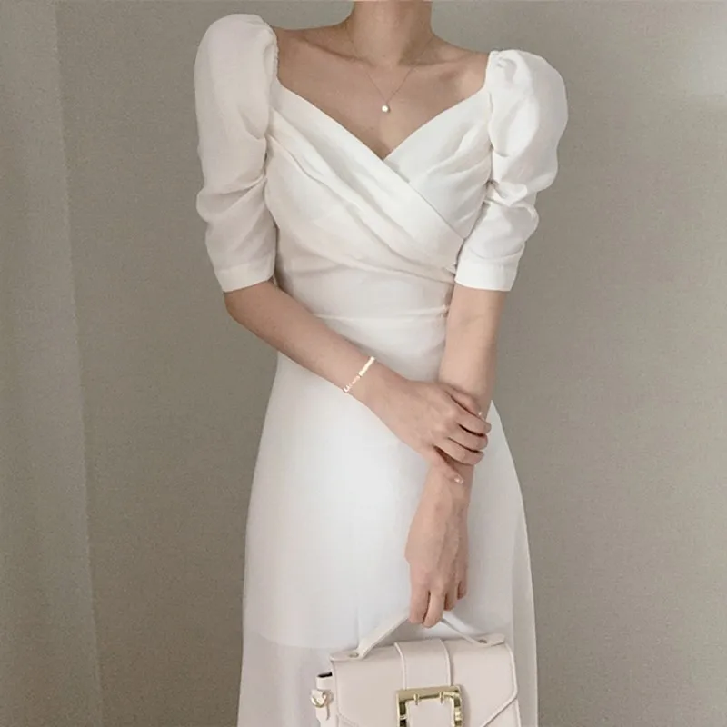 Elegantiškos prancūzų Stiliaus V-Kaklo Sluoksniuotos Rankovėmis Office Lady Suknelė Moterų Nėriniai-up Šifono-Line Suknelė Moterų Elegantiškas Plonas Juosmens Vasaros Suknelė