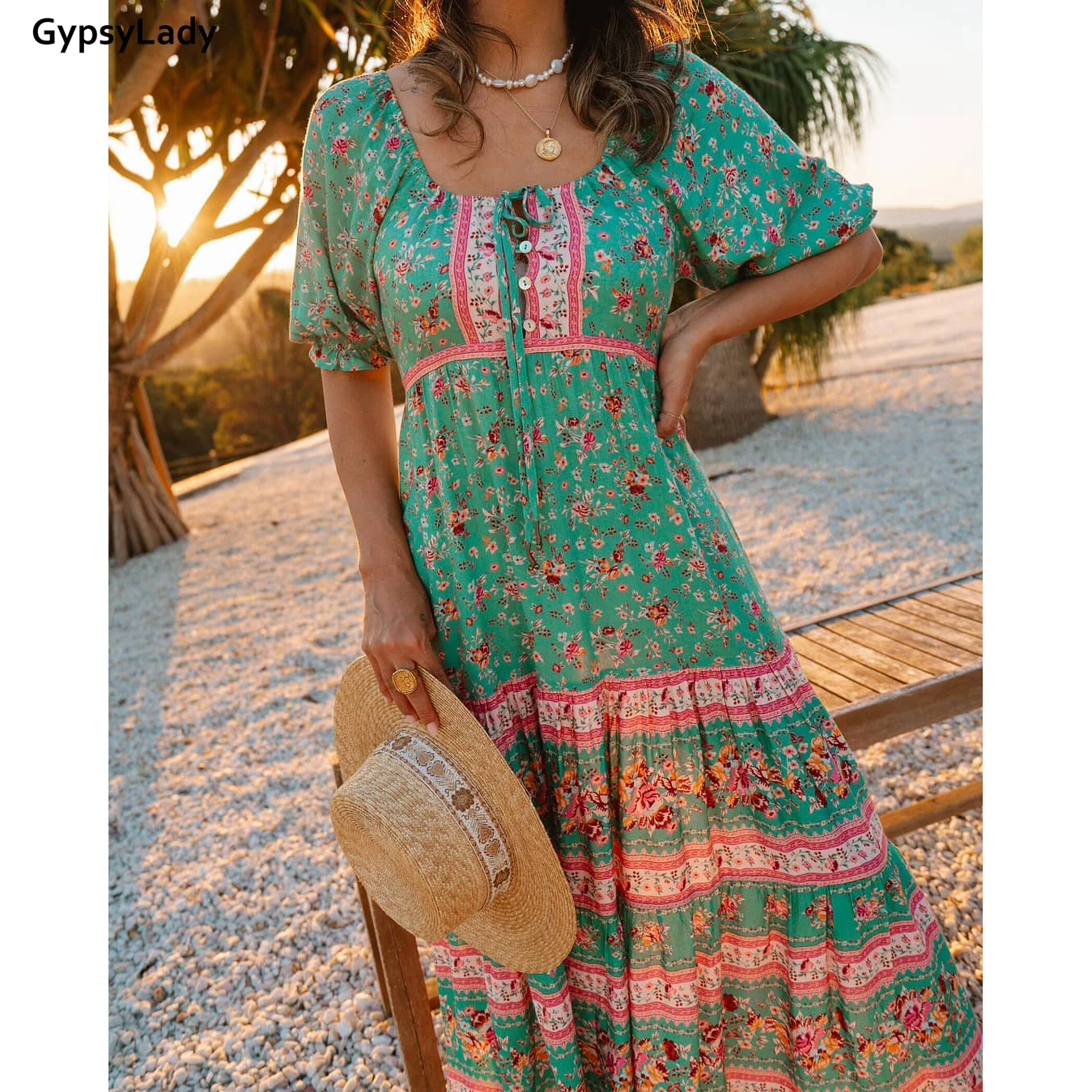 GypsyLady Žalia Gėlių Spausdinti Maxi Suknelė Vintage Moterų Ilgos Suknelės Hipių Prašmatnus Etninės Varčias Raukiniai Merginos Atostogų Prašmatnus Suknelė