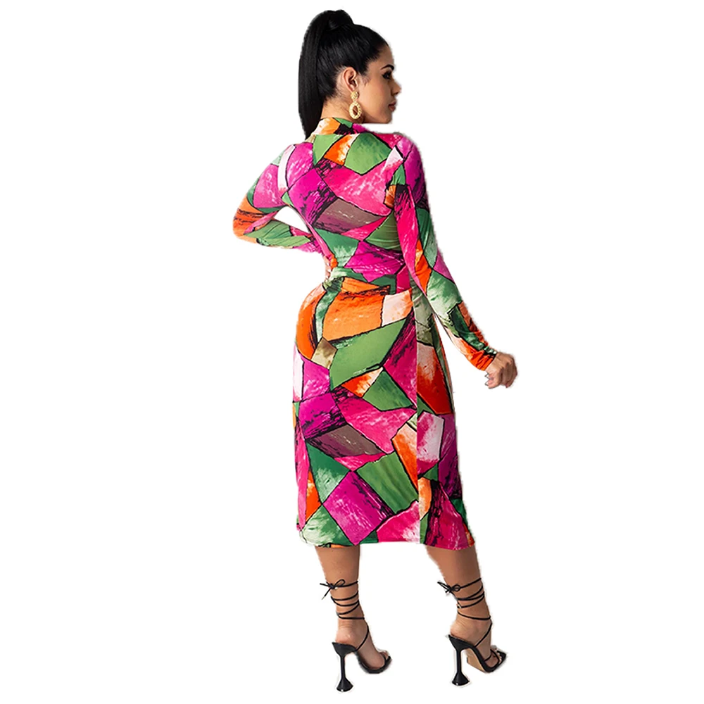 Geometrinis Modelis Rudenį Moteris, Suknelės, Šaliai, Derliaus Tuščiaviduriai Ruched Raišteliu Bodycon Elegantiška Suknelė Ilgomis Rankovėmis Šalies Klubas Suknelė