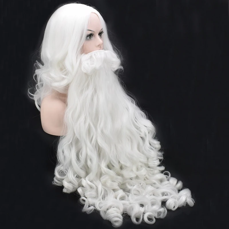 Kalėdų Cosplay Perukas, Barzda Santa Claus Baltas Garbanotas Ilgio Sintetinių Plaukų Atsparumą Karščiui + Perukas Bžūp