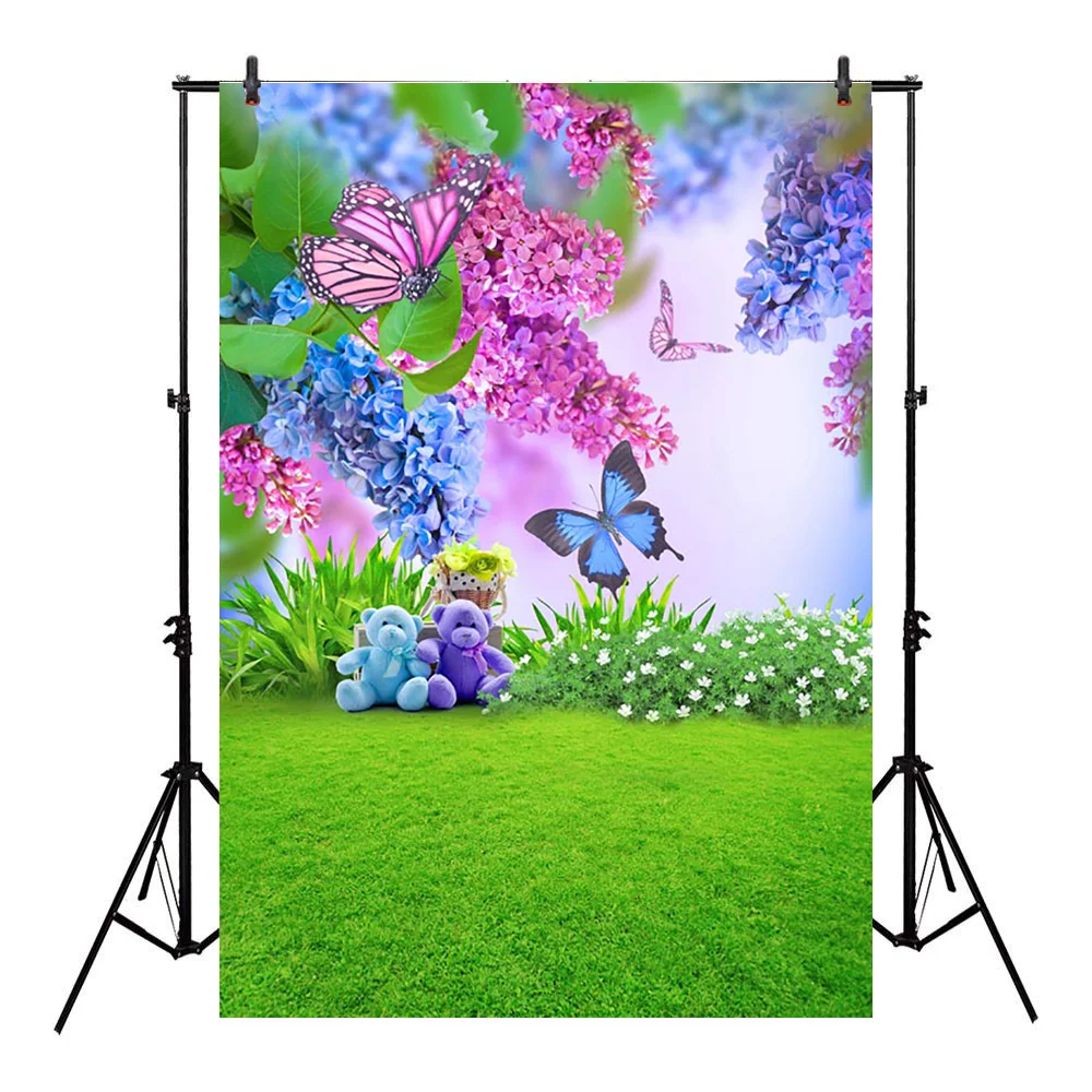 Pavasario Drugelis Fonas Fotografijai Rausvos Violetinės Gėlės Mielas Lokys Nuotrauka Fone Velykų Naujagimių Gimtadienio Žaislai Backdrops