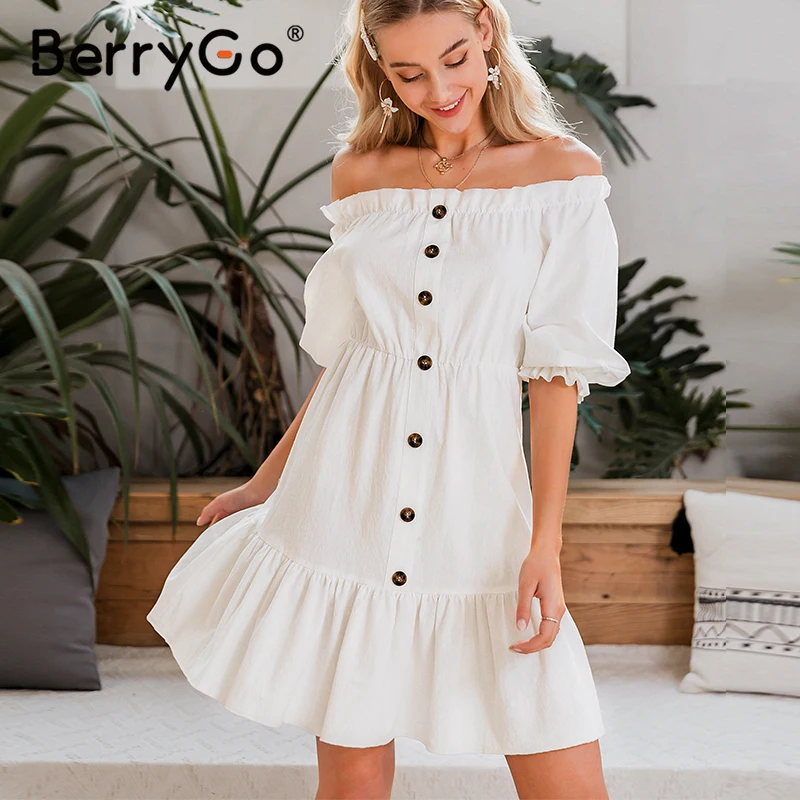 BerryGo Off peties seksualus vasaros suknelė moterims, Elegantiškas pynimas mini baltos medvilnės suknelė Aukšto juosmens mygtuką holiday beach suknelė moteris