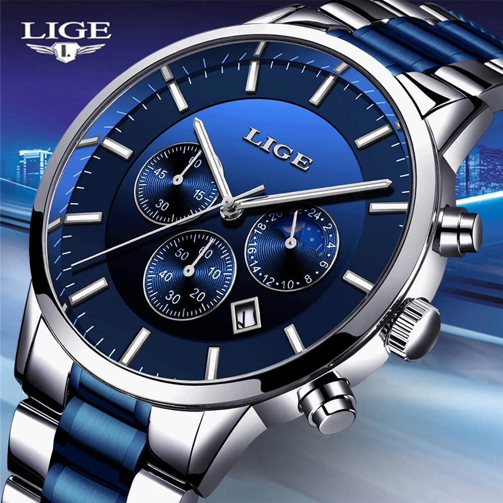 LIGE 2020 Naujas Mados Vyrai Laikrodžiai su Nerūdijančio Plieno Top Brand Prabangių Sportinių Chronograph Kvarcas Žiūrėti Vyrų Relogio Masculino
