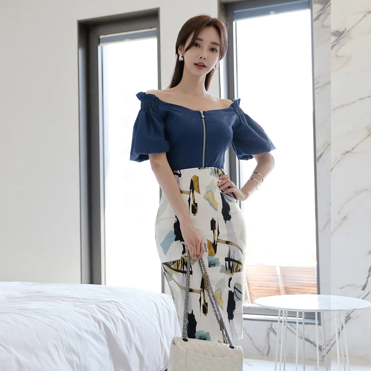 2 dalių komplektas kostiumas Korėja Ponios Mėlyna Mados Šifono Viršūnes užtrauktukas Elegantiškas spausdinti Midi retro Sijonas Seksuali Biuro Kostiumas moterims Clothin