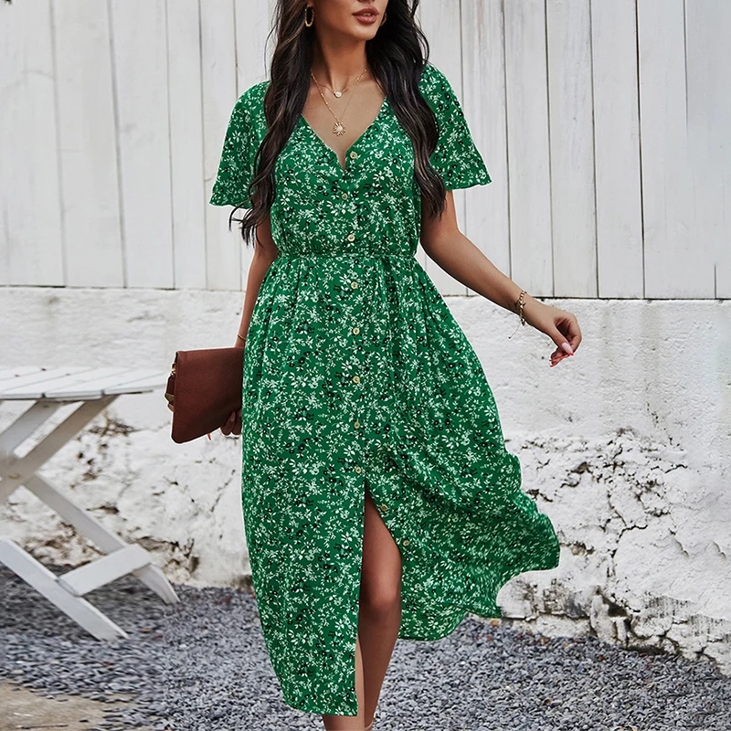 Pavasarį, Vasarą-Line Derliaus Spausdinimo Žalia Suknelė moterų 2021 Paplūdimio atsitiktinis vestidos boho maxi ilgio suknelės, Drabužiai moteris suknelė