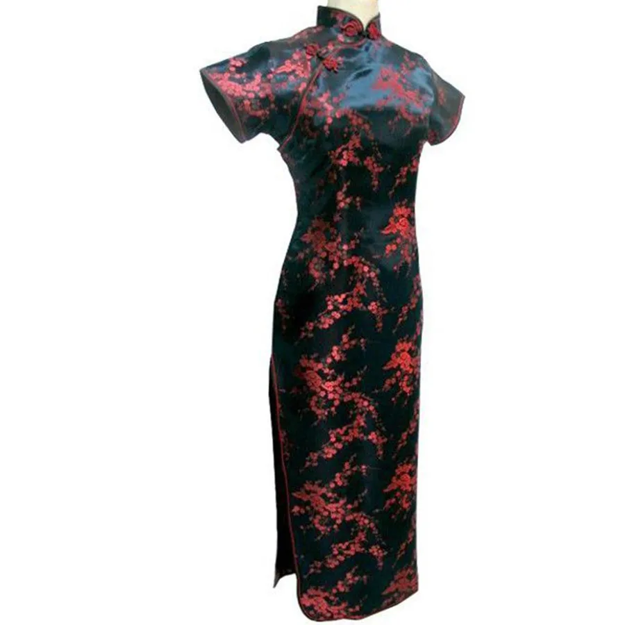 Juoda-Raudona Tradicinės Kinų Suknelė Moterų Satin Ilgos Cheongsam Qipao Gėlių Dydis S M L XL XXL XXXL 4XL 5XL 6XL
