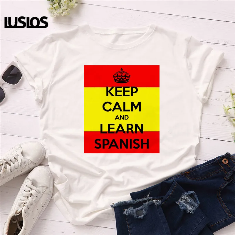 Nusiraminkite IR IŠMOKTI ISPANŲ Laišką Atspausdinta Marškinėliai ispanijos Nacionalinės Dienos Tshirts 2019 Moterys Vasarą, Trumpas Rankovėmis Tee Viršūnes Drabužiai