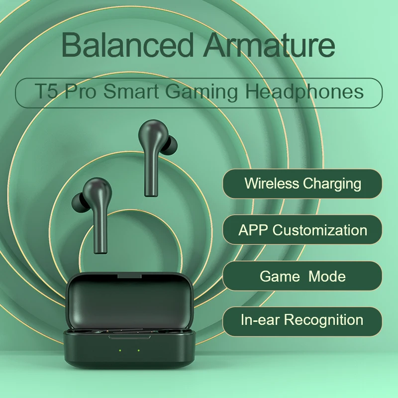 QCY T5Pro HiFi Smart Ausinių Dinamiškas garsas, Belaidžio Įkrovimo App Kontrolės nemokamas atveju