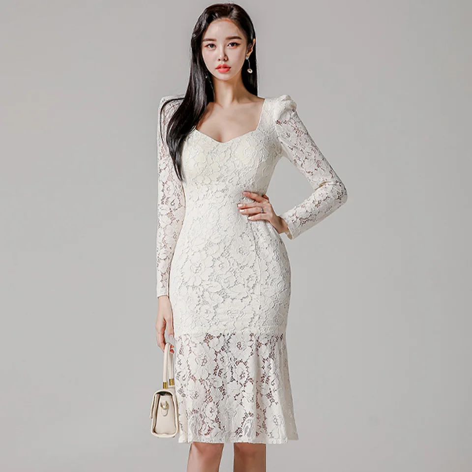 Elegantiškas Nėrinių Suknelė 2021 M. Pavasarį Paprastas Paprastų Kvadratinių Apykakle ilgomis Rankovėmis Temperamentas Aukšto Juosmens Stora Šalies Moterų Suknelės