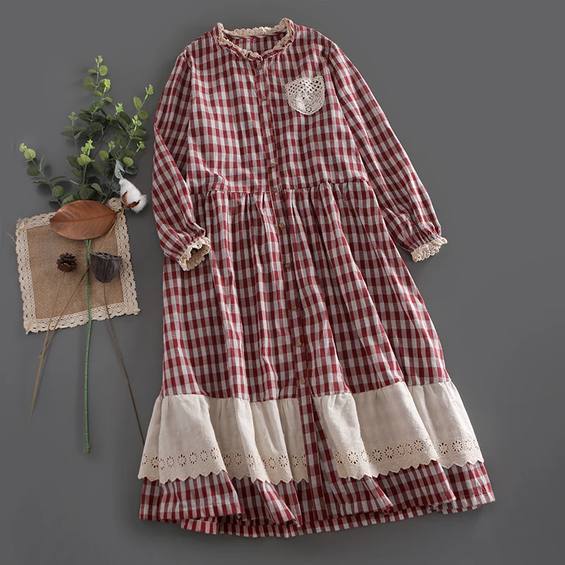 Moterų 2020 m. rudenį Japonijos mažų šviežių tuščiaviduriai siuvinėjimo nėrinių susiuvimo pledas suknelė ilgomis rankovėmis medvilnės, lino suknelė
