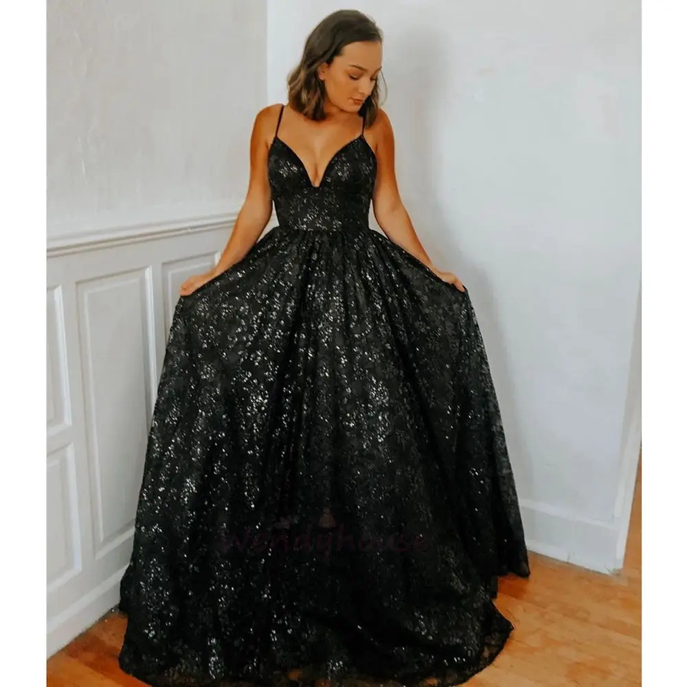 Juodas Ilgas Oficialią Šalies Moterų vakarinės Suknelės 2020 Seksualus V-Kaklo Spagečiai Dirželiai Prom Chalatai Blizgučiais vestido de fiesta de noche