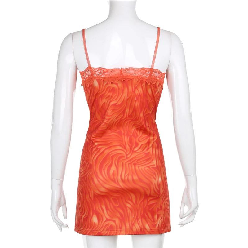 Waatfaak Seksualus Šalis Mini Suknelė Nėrinių Kratinys Aukšto Juosmens Orange Sundress Moterų Klubo V Kaklo Sudurti Hem Y2K Suknelė Slydimo Ponios 2020 m.