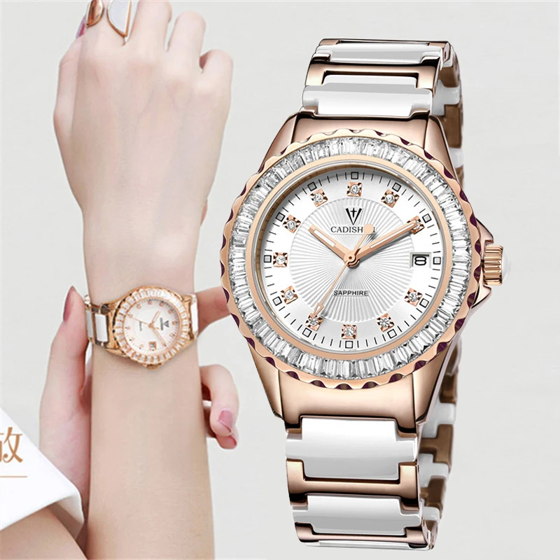 CADISEN Moterų Laikrodžiai Prabangos Prekės Aukso Keramikos Dirželis Automatinė Data Kvarco Žiūrėti Sapphire Kristalas atsparus Vandeniui Relojes Mujer