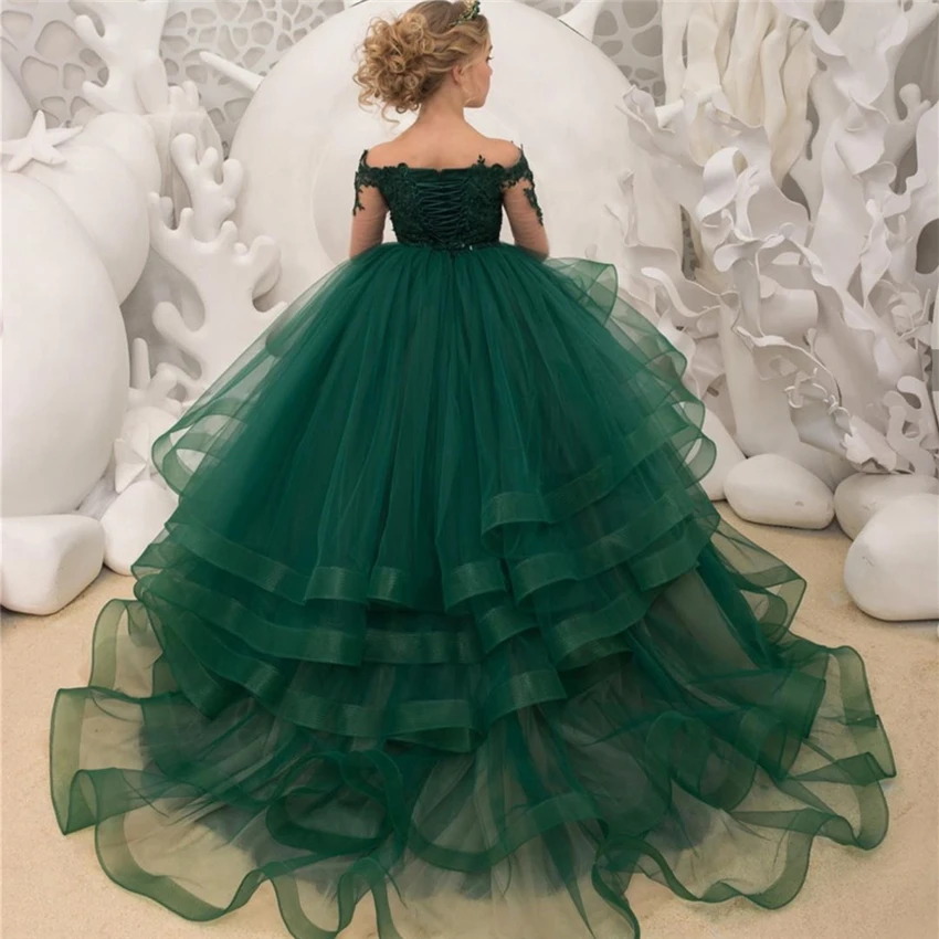 Komunijos Suknelės Prabanga Žalia Nėrinių Gėlių Mergaičių Suknelės 2020 M. Vien Ilgomis Rankovėmis Appliques Karoliukai Skirtingų Kamuolys Suknelė Inscenizacija Suknelė