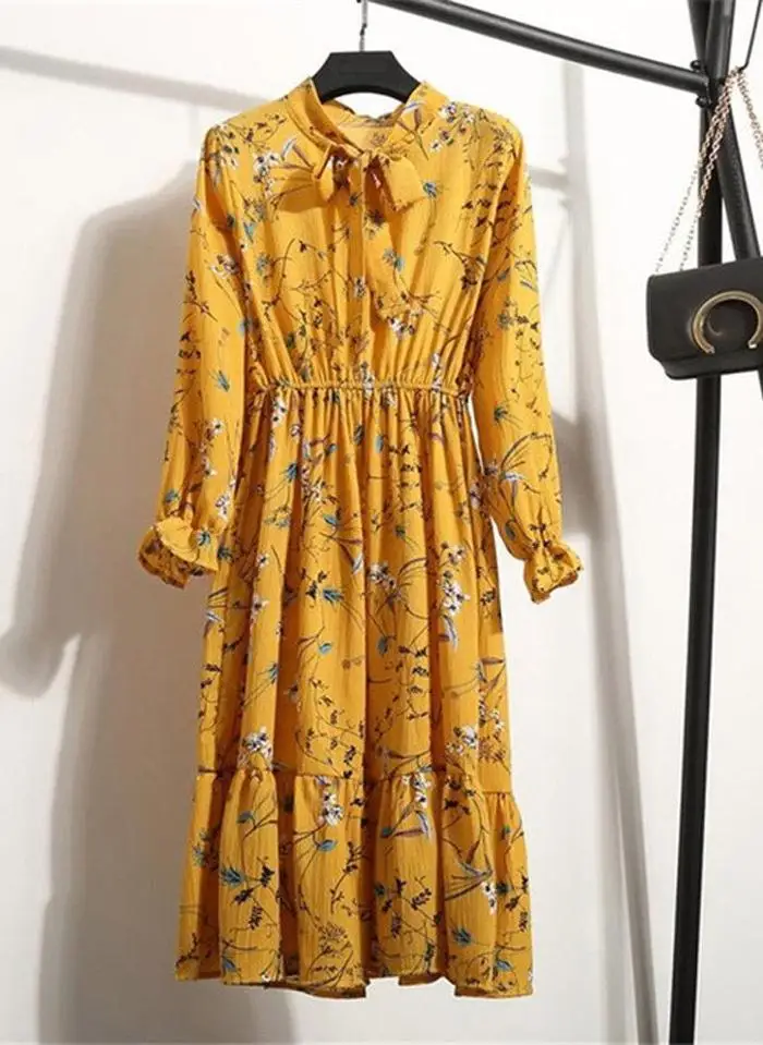 ZITY 2020 m Moteris Laisvalaikio Rudens Žiemos Dress Lady korėjos Stilius Derliaus Gėlių Atspausdintas Šifono Marškinėliai Suknelė ilgomis Rankovėmis Lankas Ilgai