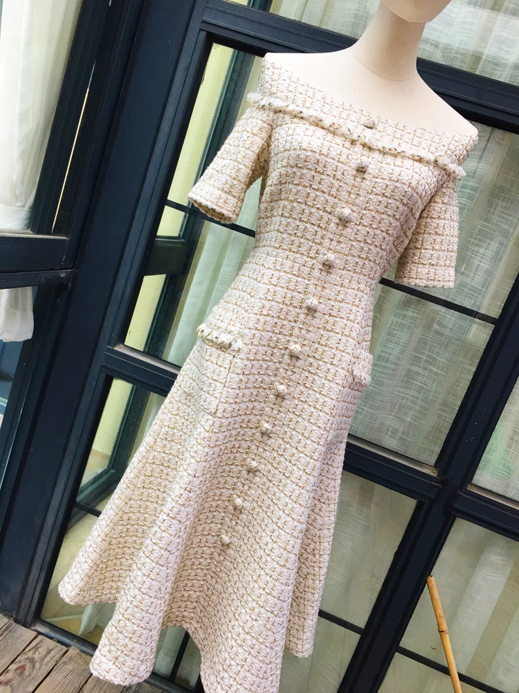 Elegantiškos moters aukštos kokybės pledas tvido suknelė 2019 m. rudenį elegantiškas off peties suknelė A575