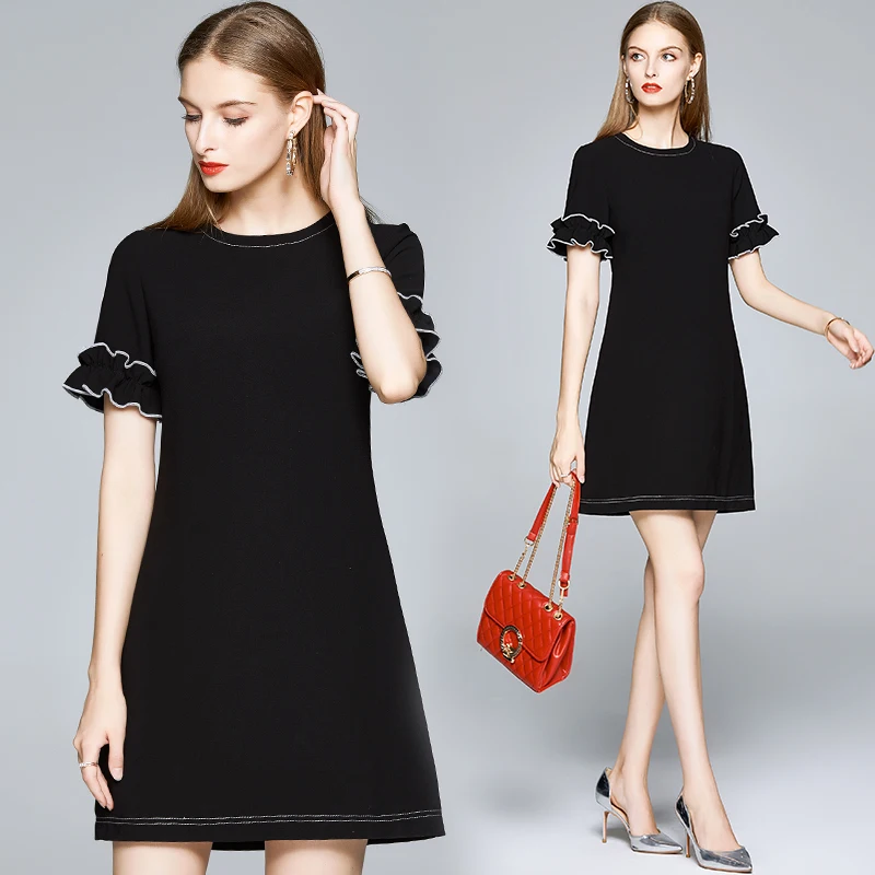 Willstage maža juoda suknelė raukiniai trumpas rankovės gryna spalva rodo, plonas a-line dresses apvalios apykaklės 2020 m. Vasaros Drabužių femal