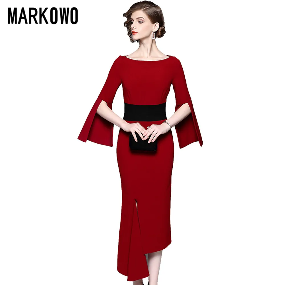 MARKOWO Dizaineris Prekės 2020 Naujų Neteisėtų Juosmens, Plonas Temperamentas Raudonos spalvos Ilgas Sijonas Moterų Pokylių Suknelė