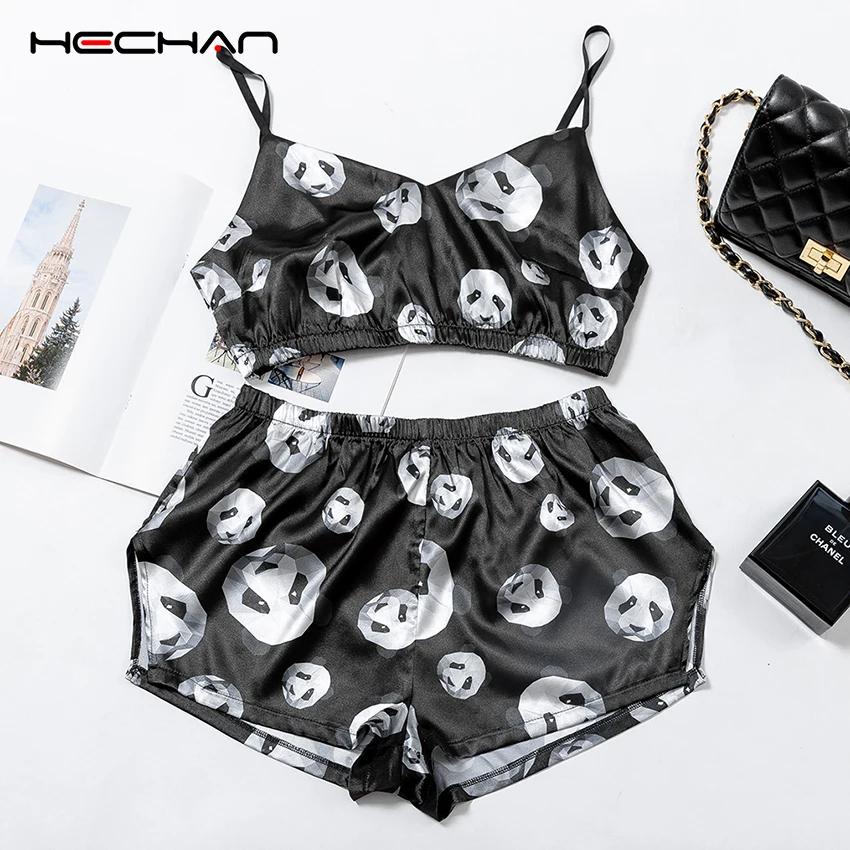 HECHAN Panda Modelio Tiktų Rinkiniai Moterims Rankovių Pižama Viršų Ir Šortai, Seksualus Sleepwear apatinis Trikotažas Ištaigingas Dėvėti Pijama Satin
