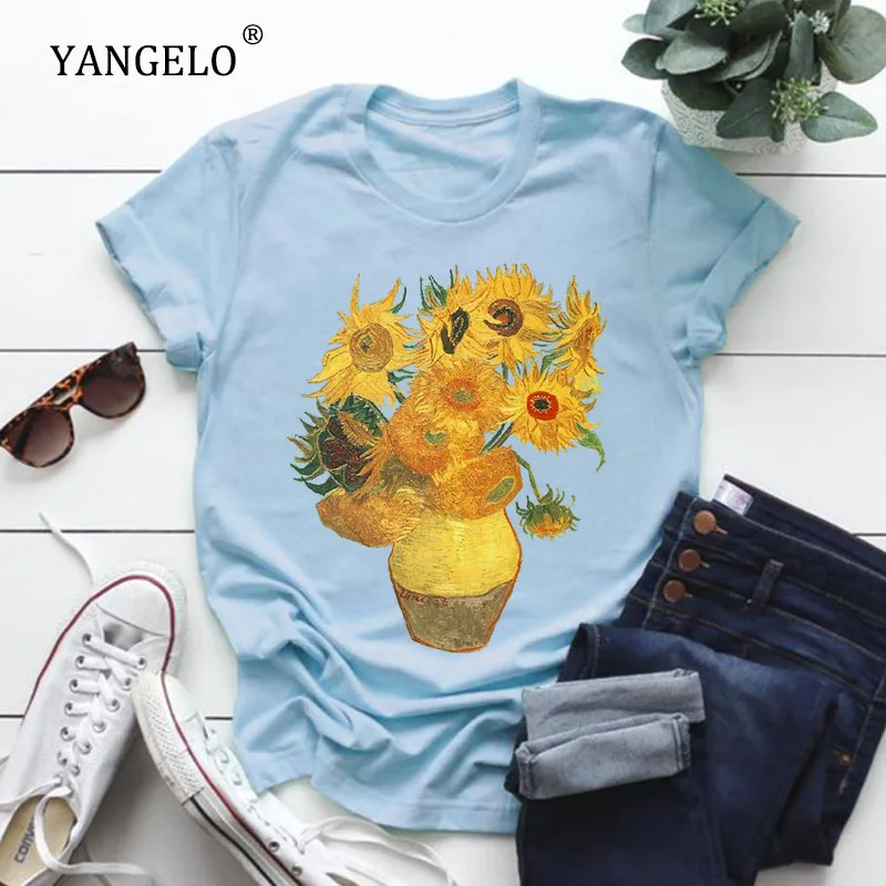 Yangelo Vincento Van Gogho Saulėgrąžos Atspausdintas T-shirt Moterims 2020 
