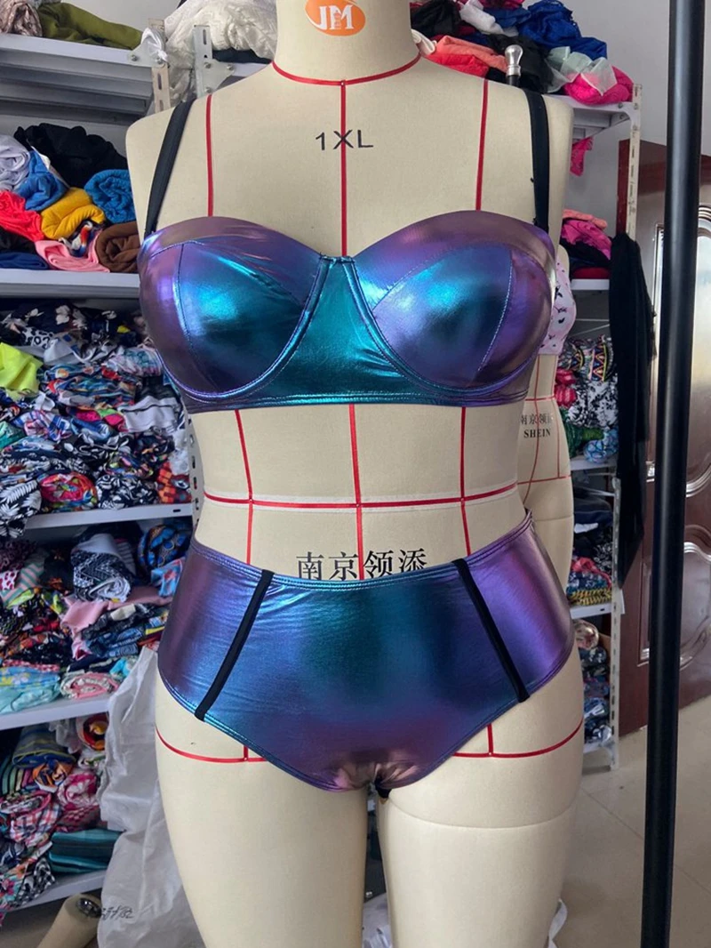 Plius Dydis Moterų Aukšto Juosmens Bikini Blizga PU maudymosi kostiumėlį Neon maudymosi Kostiumėliai High Waisted Maudymosi Kostiumą, Push Up Seksualus Bikini maudymosi kostiumėlis 2021