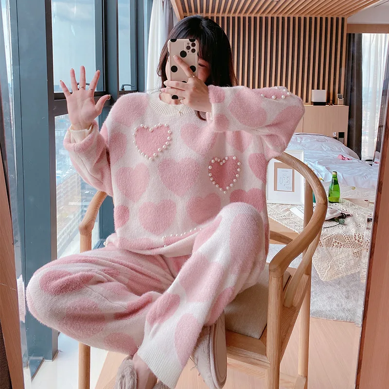 Žiemos Naujas Imitacija Mink Aksomo Sleepwear Nuolat Šilta Pižama Moterims Pearl Kabinti Pijamas Mujer Ponios Rožinės Pižamos Naktiniai Drabužiai