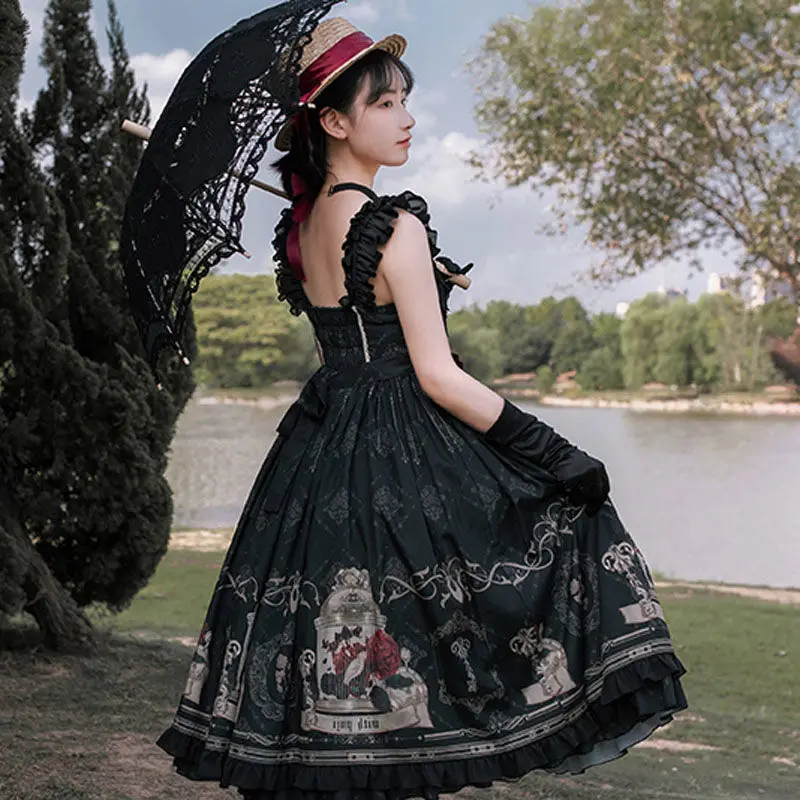 Lolita JSK suknelė lakštingala ir rožė jsk suknelė gotikos stiliaus tamsiai Vintage Viktorijos Princesė Šalis Suknelė Berankovė suknelė lolita
