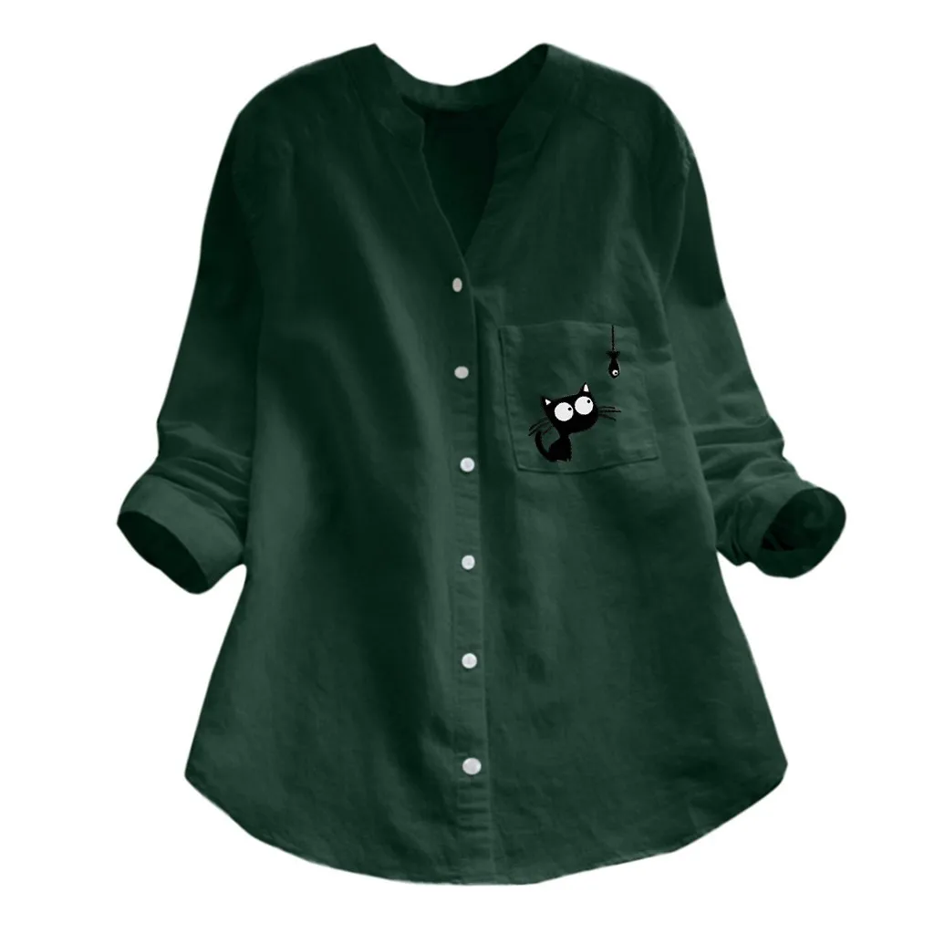 Naujos Palaidinės, Marškinėliai Moterims Medvilnės skalbiniai Atsitiktinis Katė Spausdinti Kišenėje ilgomis Rankovėmis Marškinėliai Mygtuką vientisos Spalvos Viršūnes Office рубашка