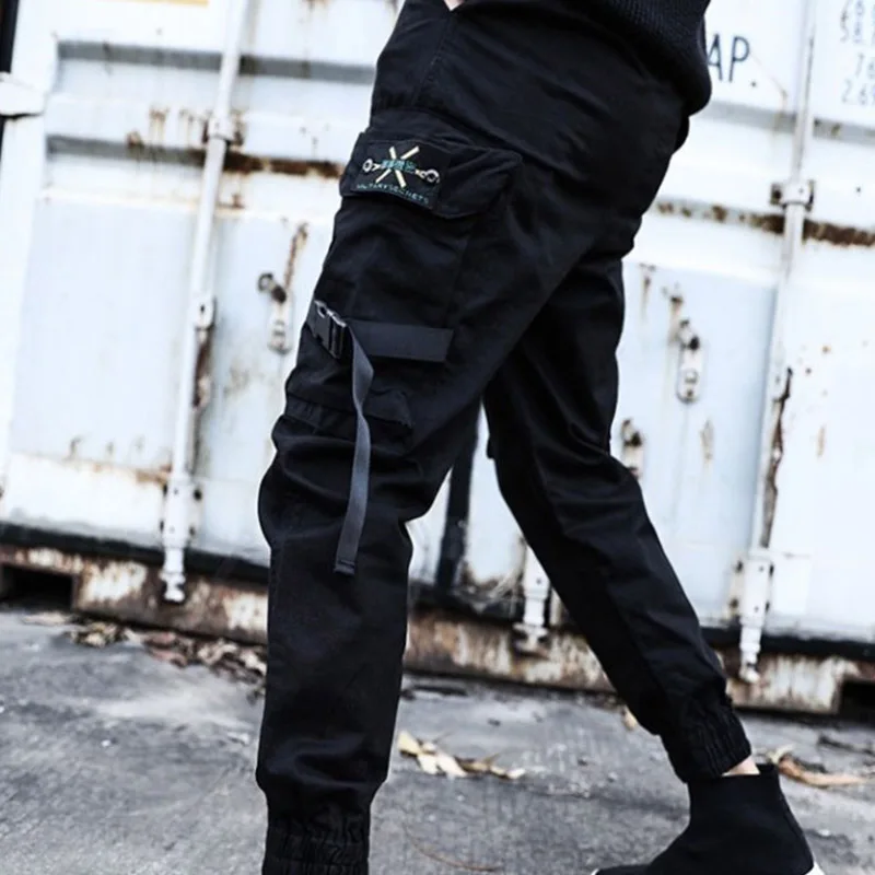 Hip-Hop Berniukai Multi-kišenės, Elastinga Juosmens Haremas Ziajać kamufliažas Punk Kelnės Jogger Vyrų Tactical Kelnes Juodos Krovinių Kelnės